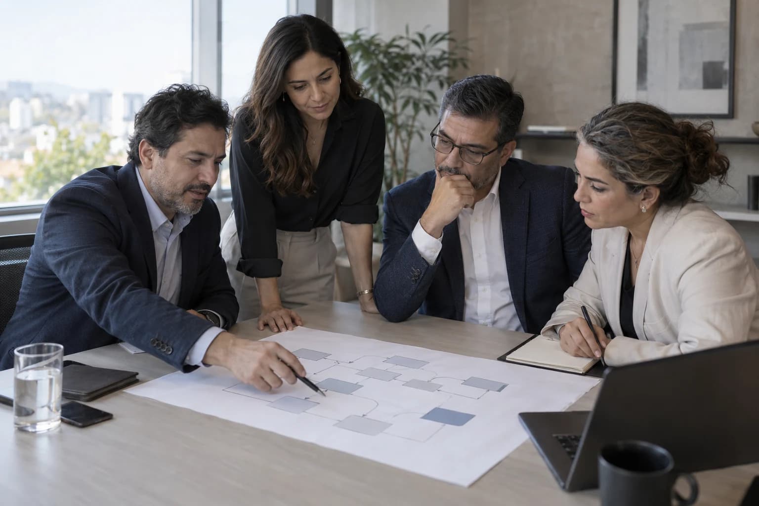 Escena conceptual de profesionales analizando procesos empresariales